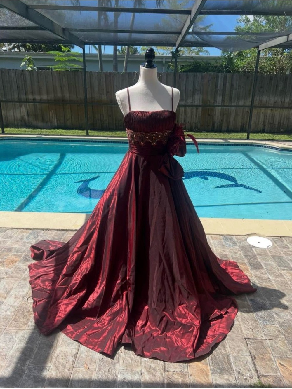 Strapless Burgundy Maxi Dress with Embellished Waist